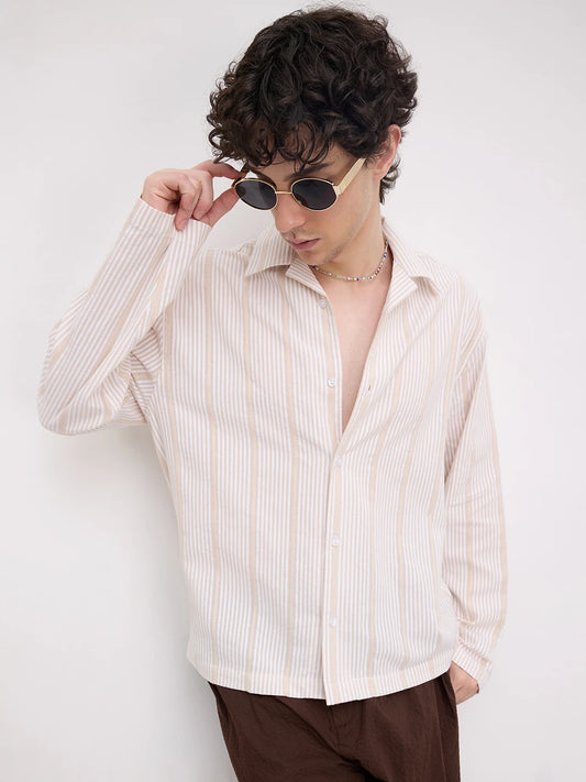 Luxe Beige Candy Striped Notch Collar Oversized Shirt