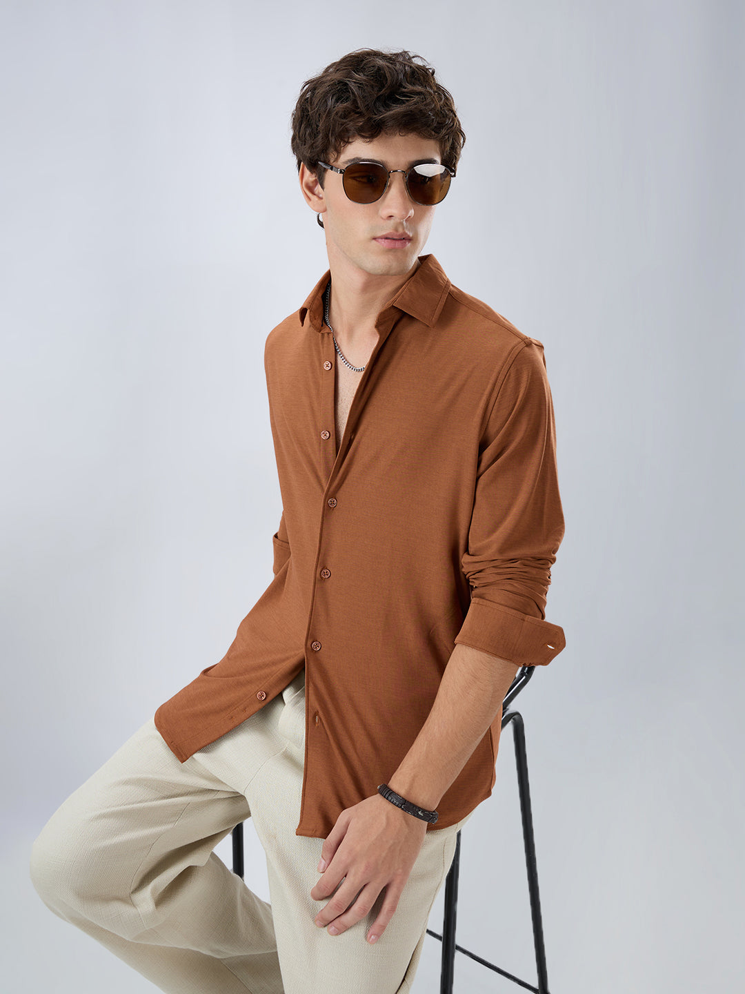 Classic Solid Sienna Brown Knitted Shirt