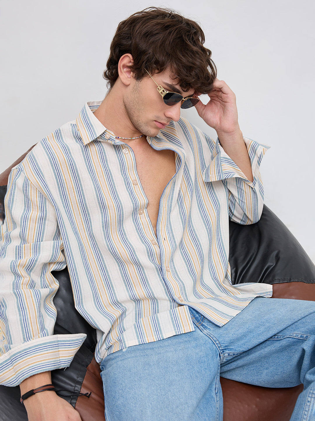 Ornate Multicolor Striped Linen Blend Boxy Fit Crop Shirt