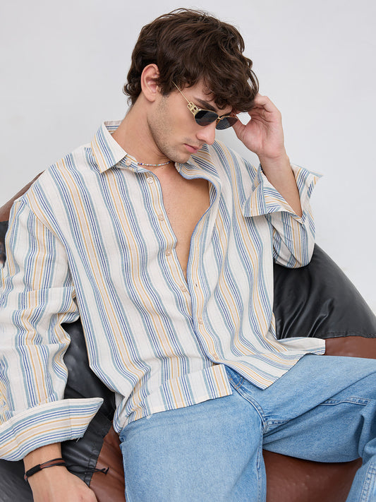 Ornate Multicolor Striped Linen Blend Boxy Fit Crop Shirt