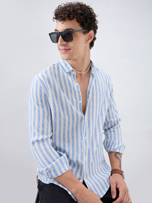 Blue & Ivory Balanced Striped Linen Blend Shirt