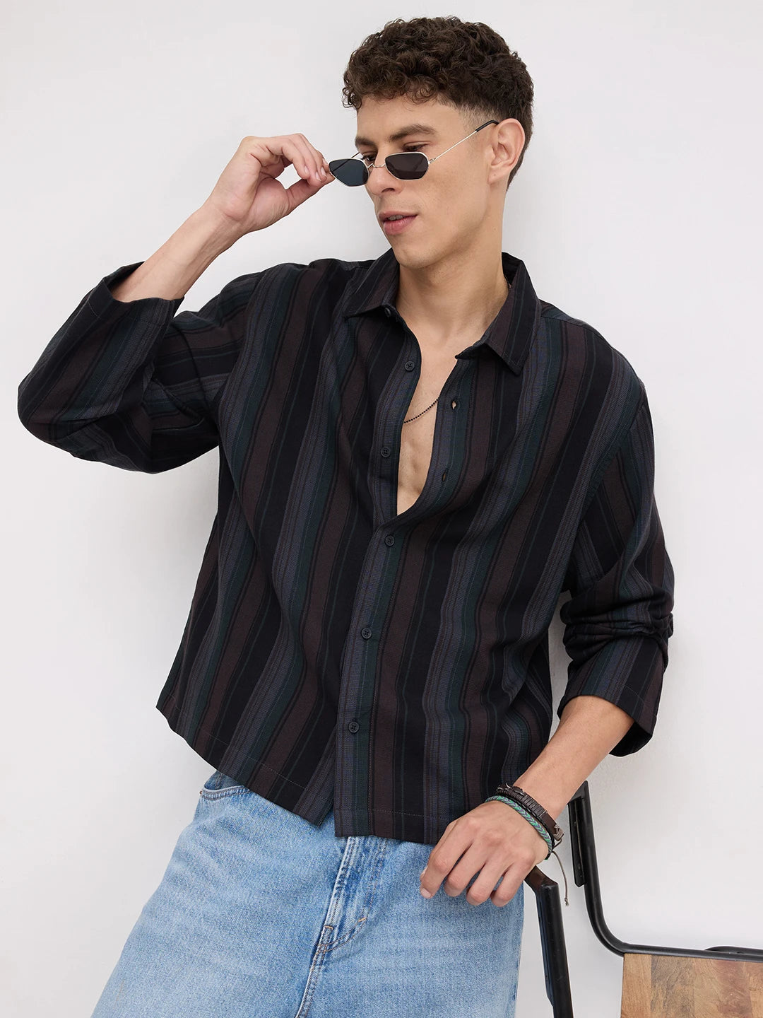 Luxe Brown Multi-Striped Cuffless Oversized Shirt