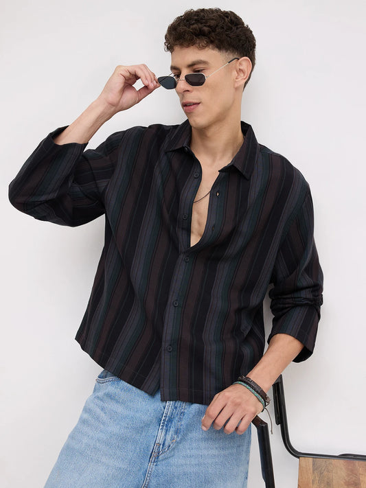 Luxe Brown Multi-Striped Cuffless Oversized Shirt