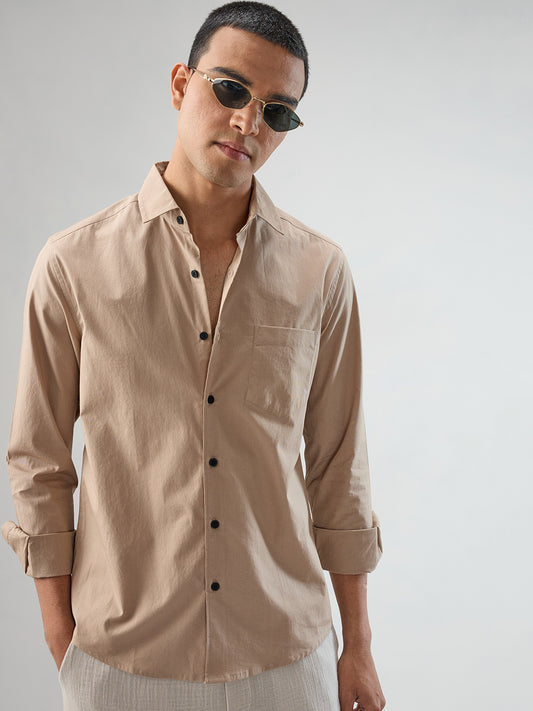 Solid Soft Khaki Beige Poplin Shirt