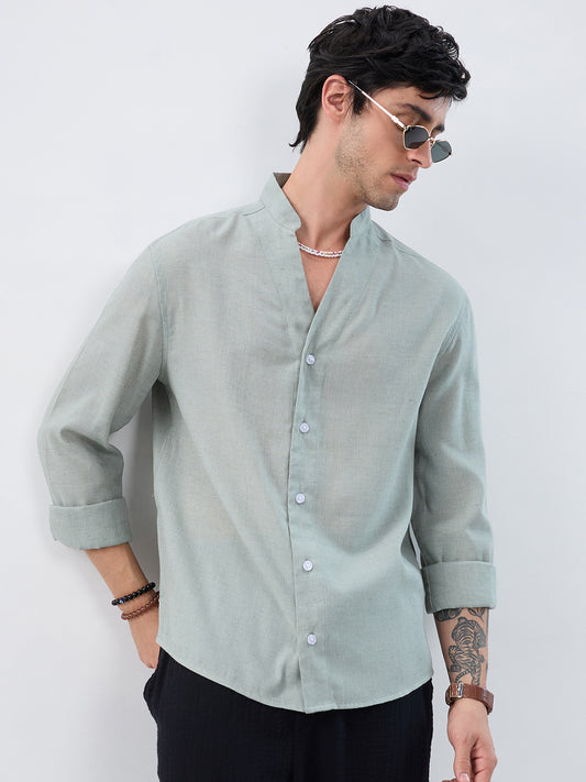 Premium Seafoam Green Linen Blend Stand-Collar Oversized Shirt