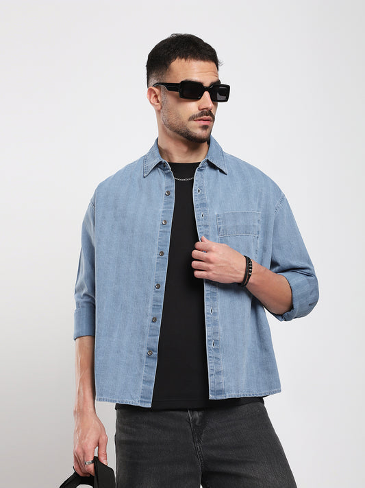Azure Blue Denim Vertical Stripes Boxy Crop Shirt