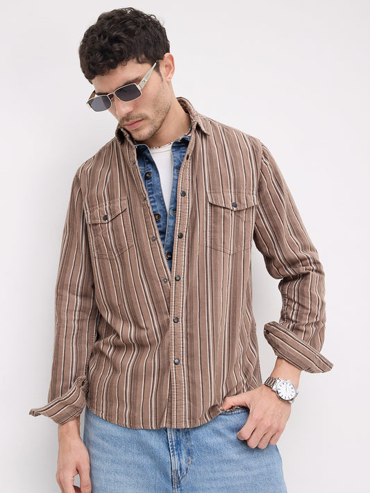 Rustic Bark Brown Multi-Stripe Twin Pocket Corduroy Shirt