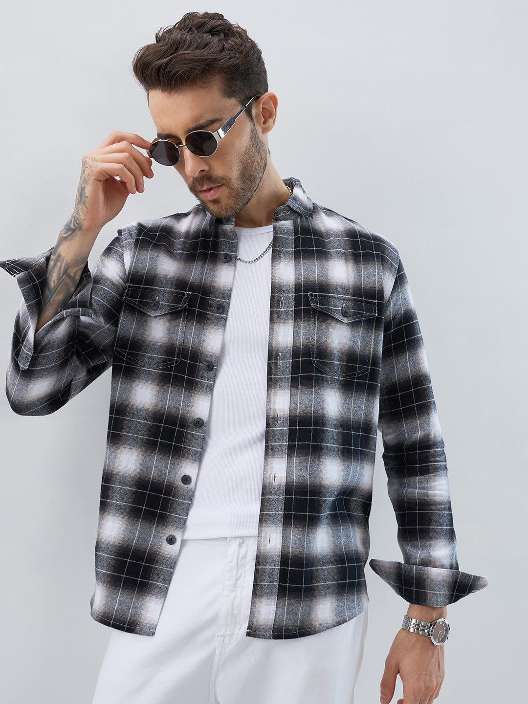 Black & Silver Mist Plaid Checks Double Pocket Flannel Shirt