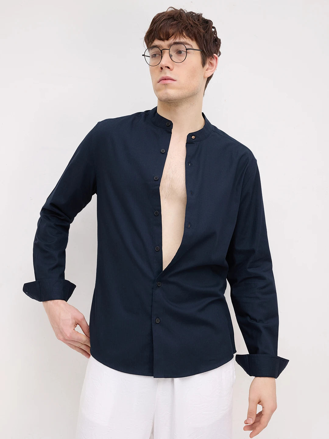 Classic Navy Herringbone Textured Mandarin Shirt