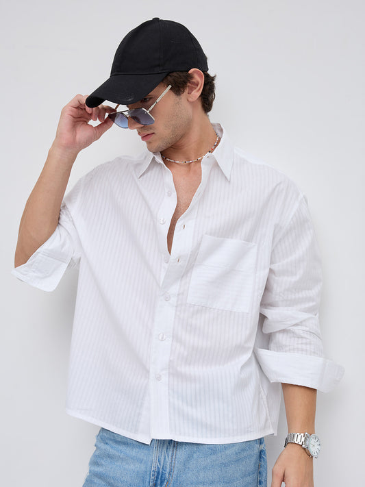 White Mist Sheer Stripe Boxy Crop Shirt