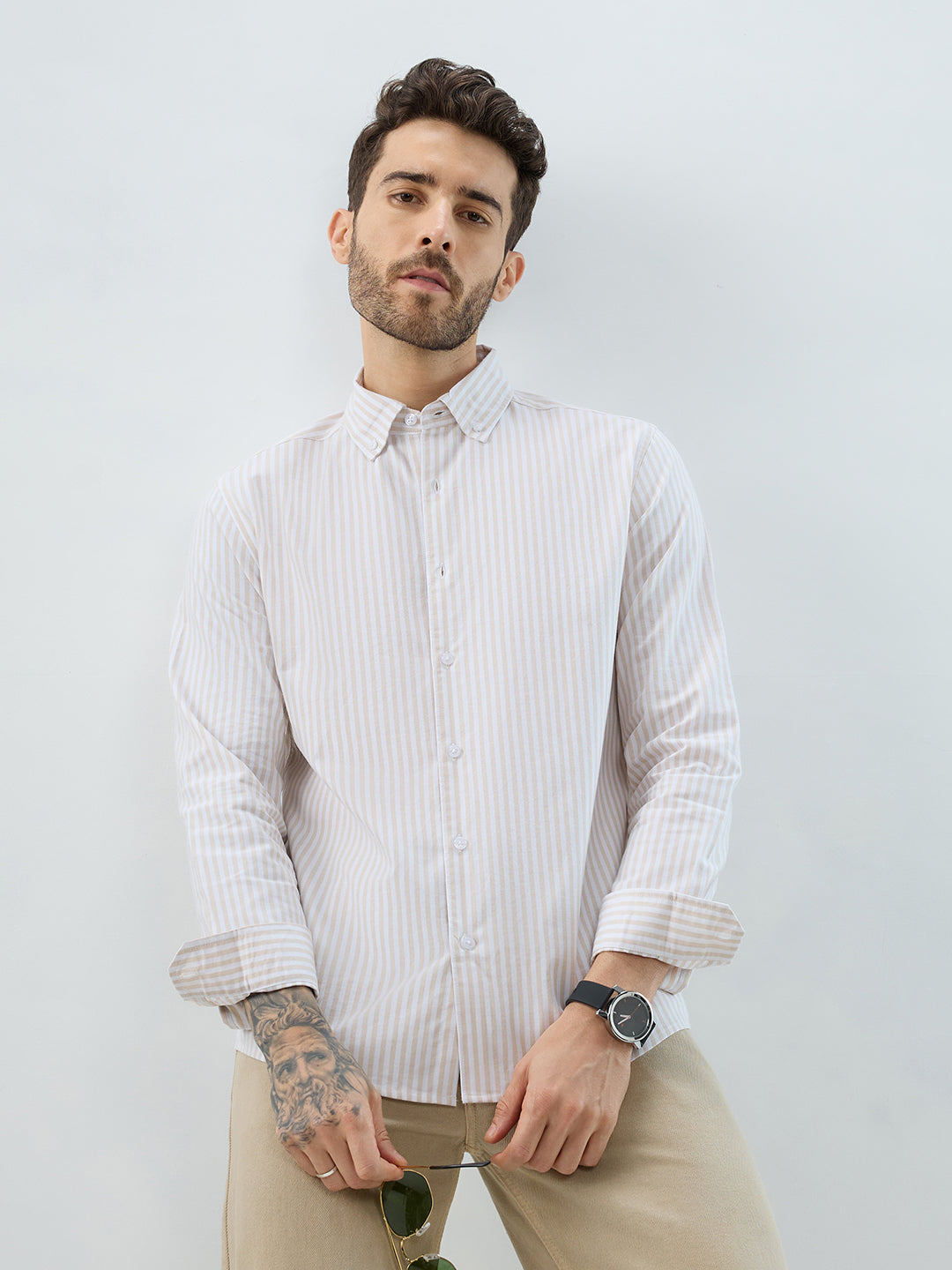 Natural Beige Candy Striped Oxford Button-Down Business Shirt
