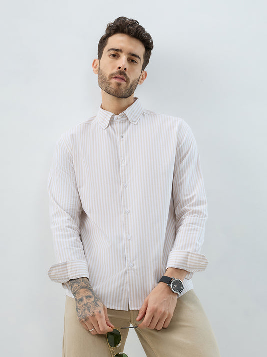 Natural Beige Candy Striped Oxford Button-Down Business Shirt