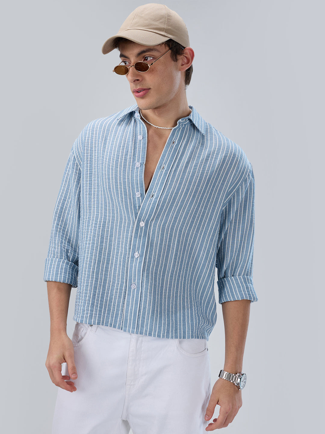 Slushy Dusty Blue Linear Striped Boxy Fit Crop Shirt