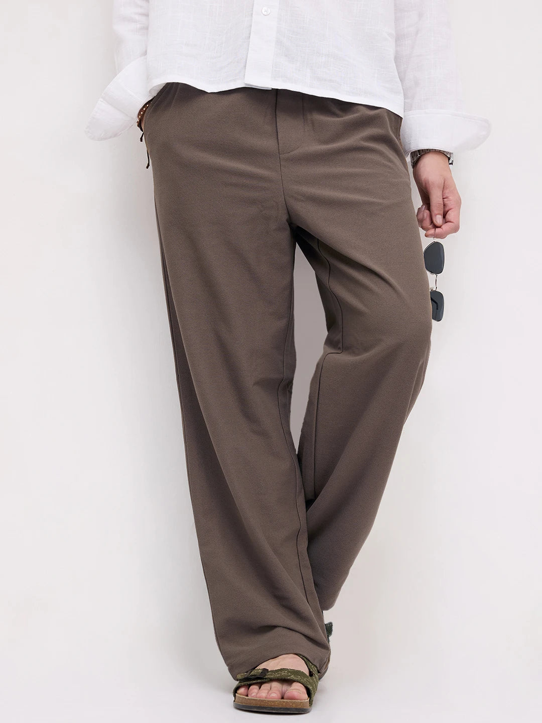 Espresso Brown Diagonal Textured Knitted Straight Fit Trousers