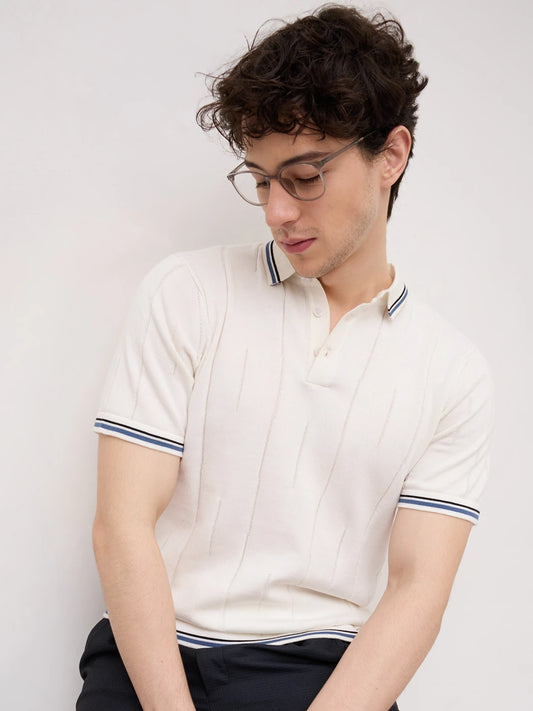 White Ribline Contrast Polo Flat Knit T-Shirt