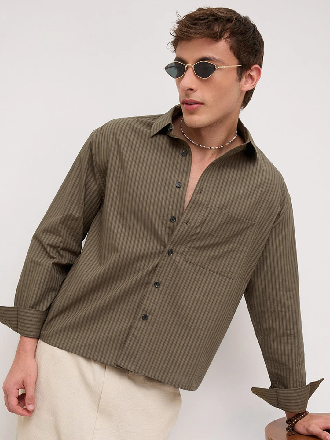 Olive Sheer Striped Boxy Fit Crop Shirt