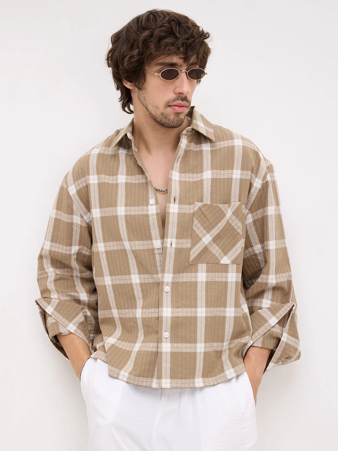 Taupe Ladder Striped Windowpane Checks Cuffless Oversized Crop Shirt