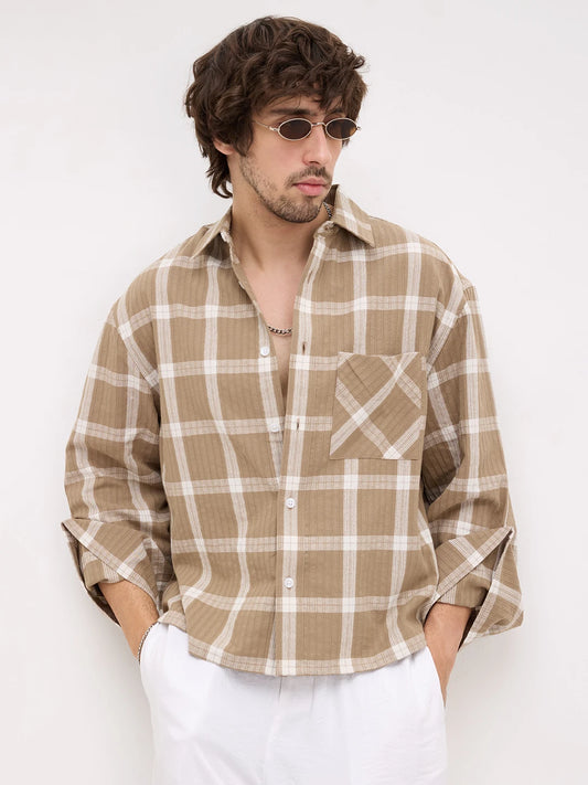 Taupe Ladder Striped Windowpane Checks Cuffless Oversized Crop Shirt