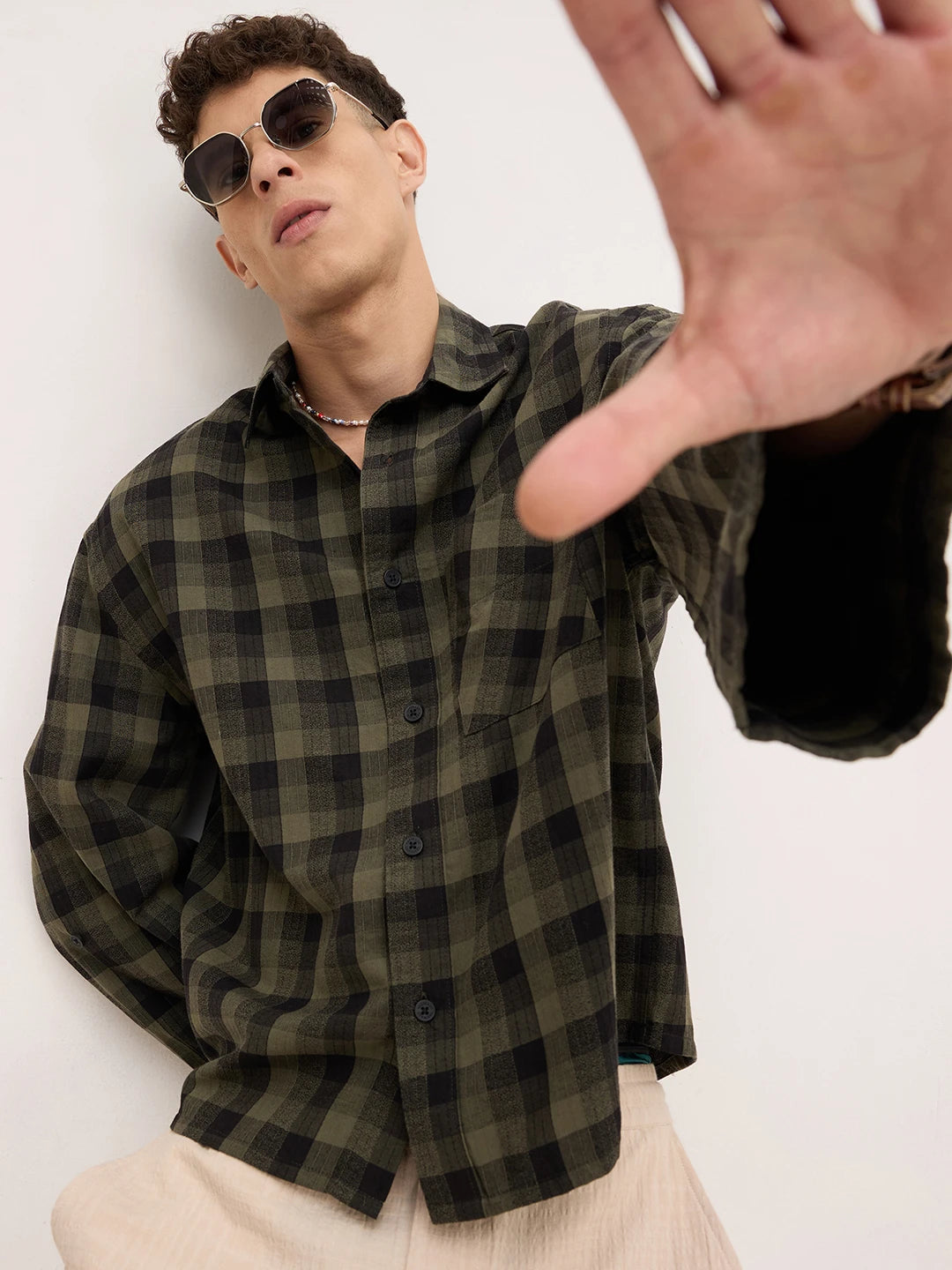 Luxe Green & Black Square Checks Cuffless Oversized Crop Shirt