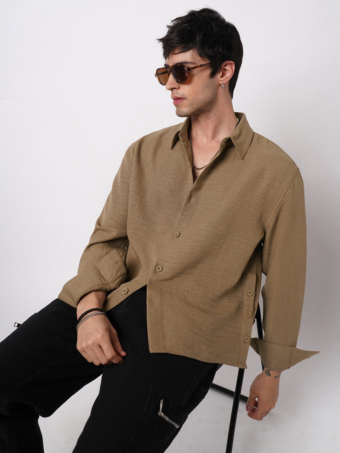 Khaki Side-Slit Button Oversized Crop Shirt