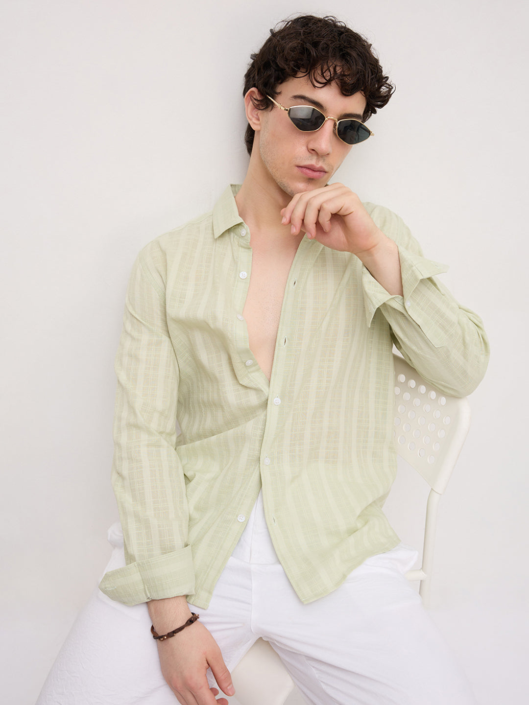 Pistachio Green Sheer Windowpane Checks Textured Weave Shirt