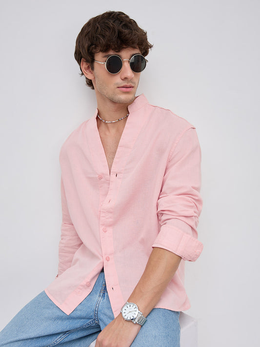 Mist Pink Linen Blend Stand Collar Oversized Shirt