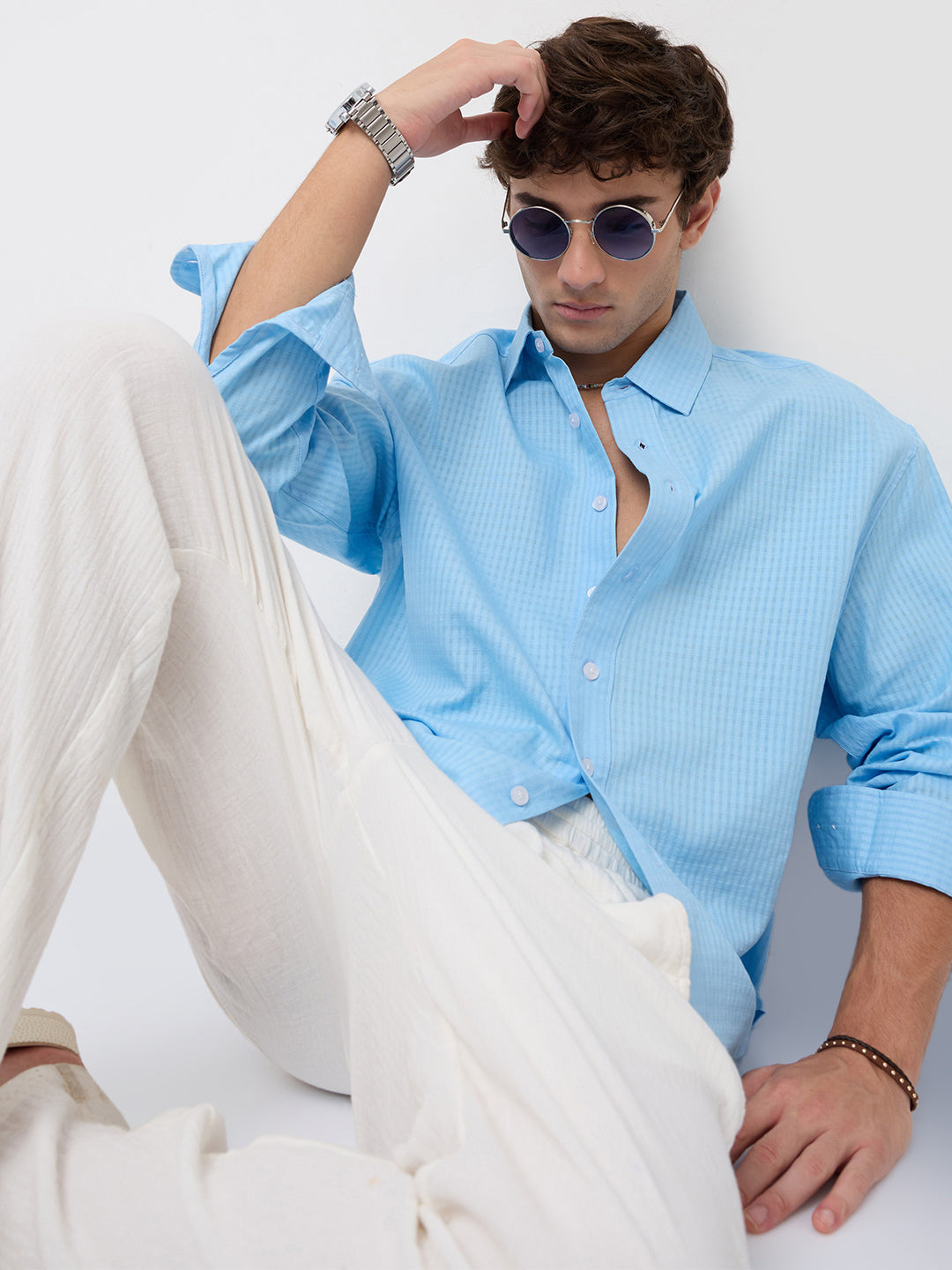 Baby Blue Textured Fine Grid Weave Boxy Fit Crop Shirt