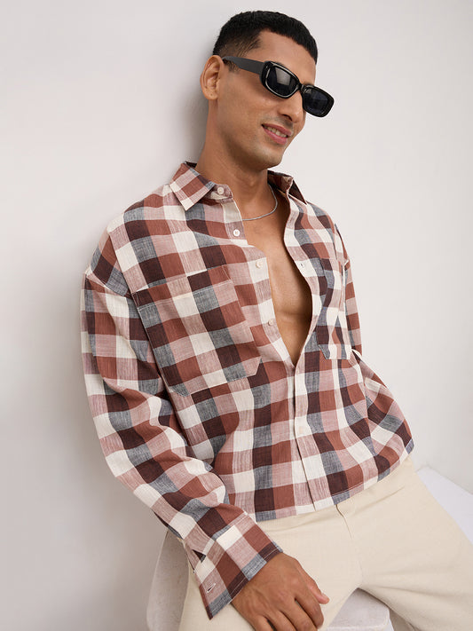 Elevated Maroon Block Checks Twin Pocket Boxy Fit Crop Shirt