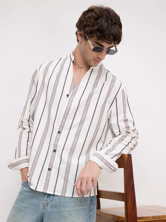 White Intricate Motif Contrast Striped Stand Collar Oversized Shirt