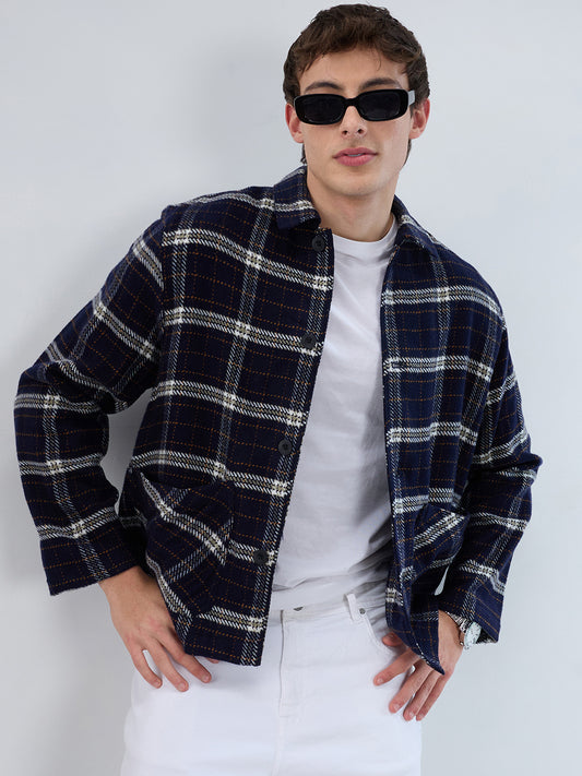 Navy Tartan Checks Double Pocket Flannel Shacket