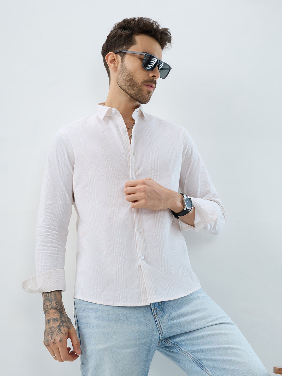 Contemporary Beige Fine Line Seersucker Executive Shirt