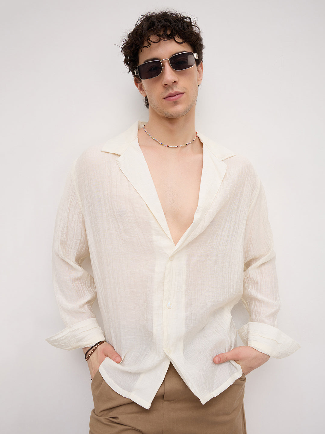 Off- White Pearl Crinkled Resort Collar Oversized Shirt