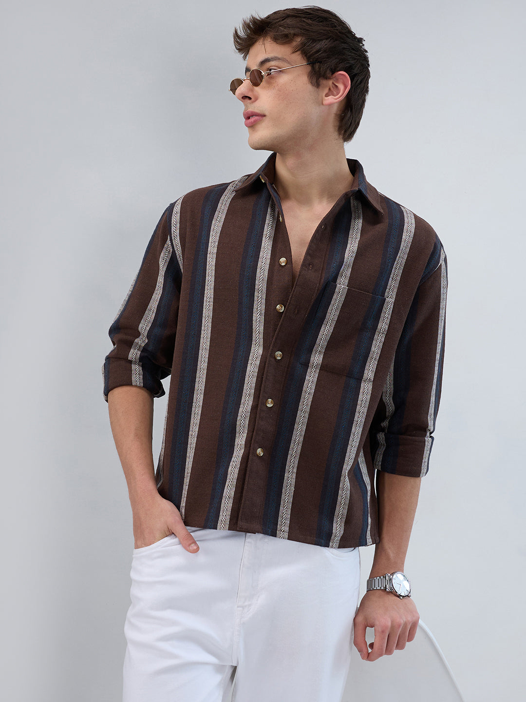 Refined Brown Multi-Tone Striped Boxy Fit Crop Shirt
