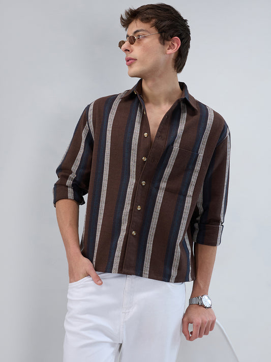 Refined Brown Multi-Tone Striped Boxy Fit Crop Shirt