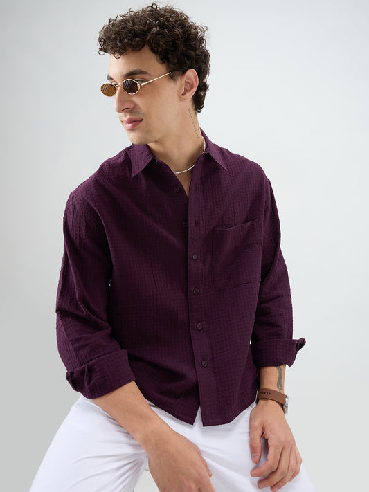 Wine Micro Box Textured Boxy Fit Crop Shirt