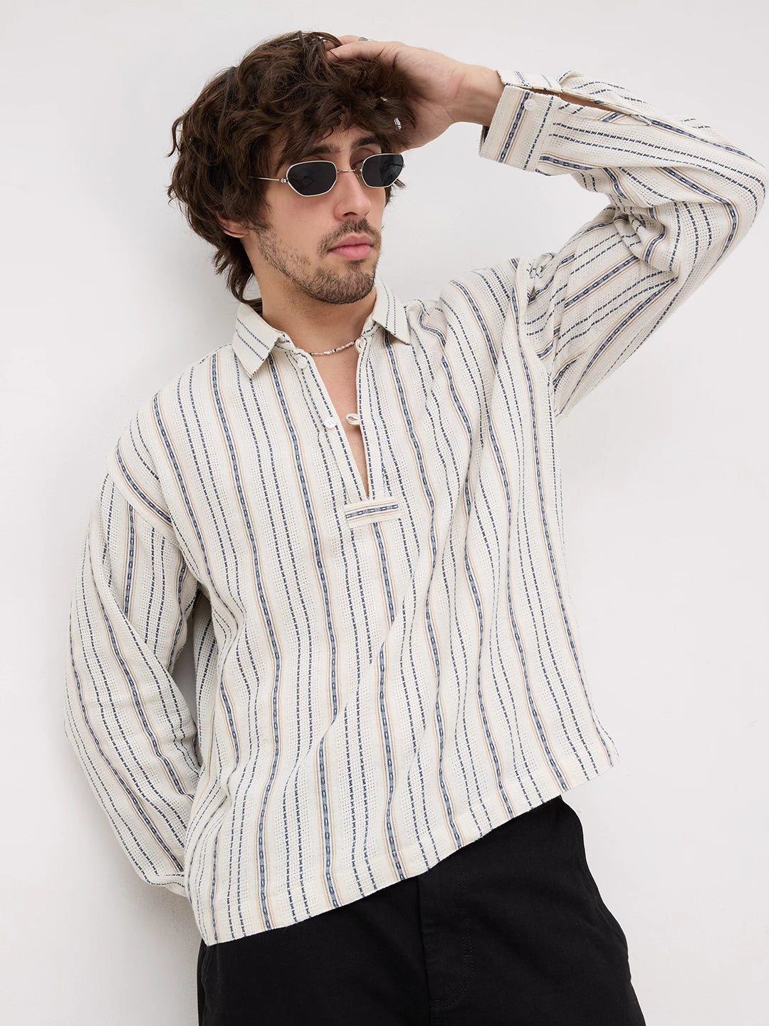 Premium Ivory Nomad Striped Threadwork Loop Button Oversized Shirt