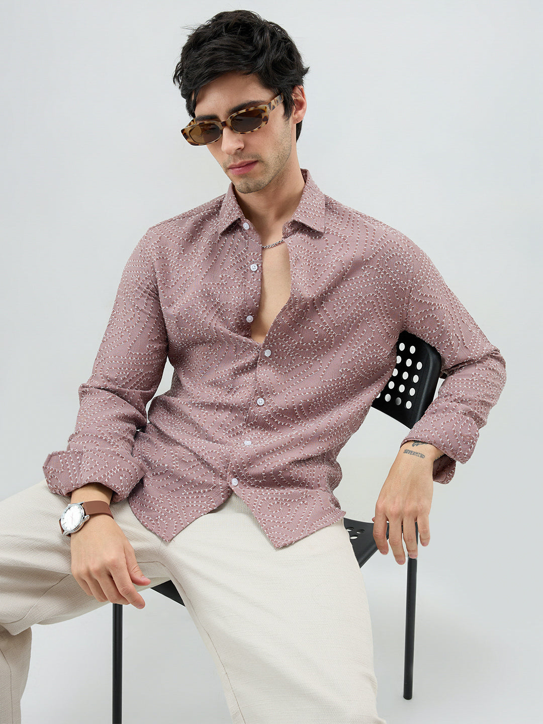 Ornate Brown Thread Flow Raised Stitch Shirt