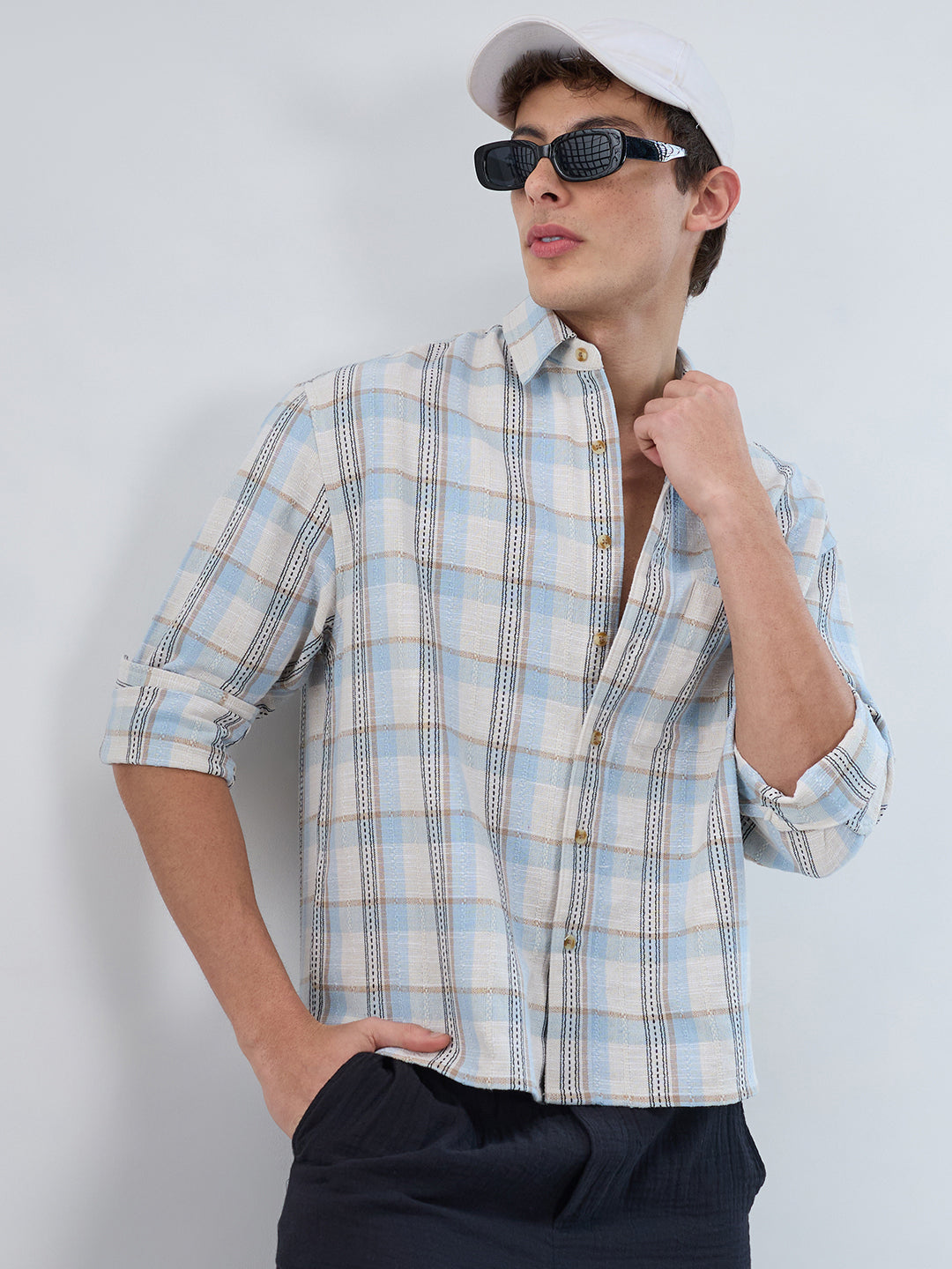 Icy Blue & White Multi-Tone Boxy Fit Crop Shirt