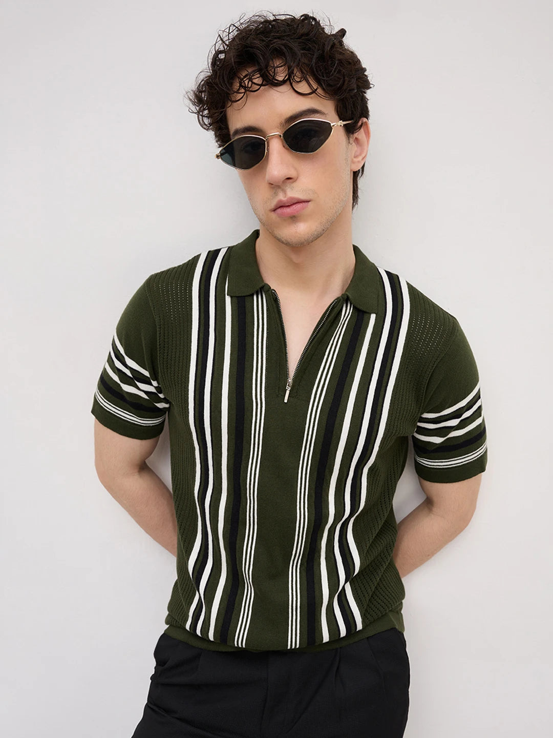 Deep Olive Vertical Striped Flat Knit Zip Polo T-Shirt
