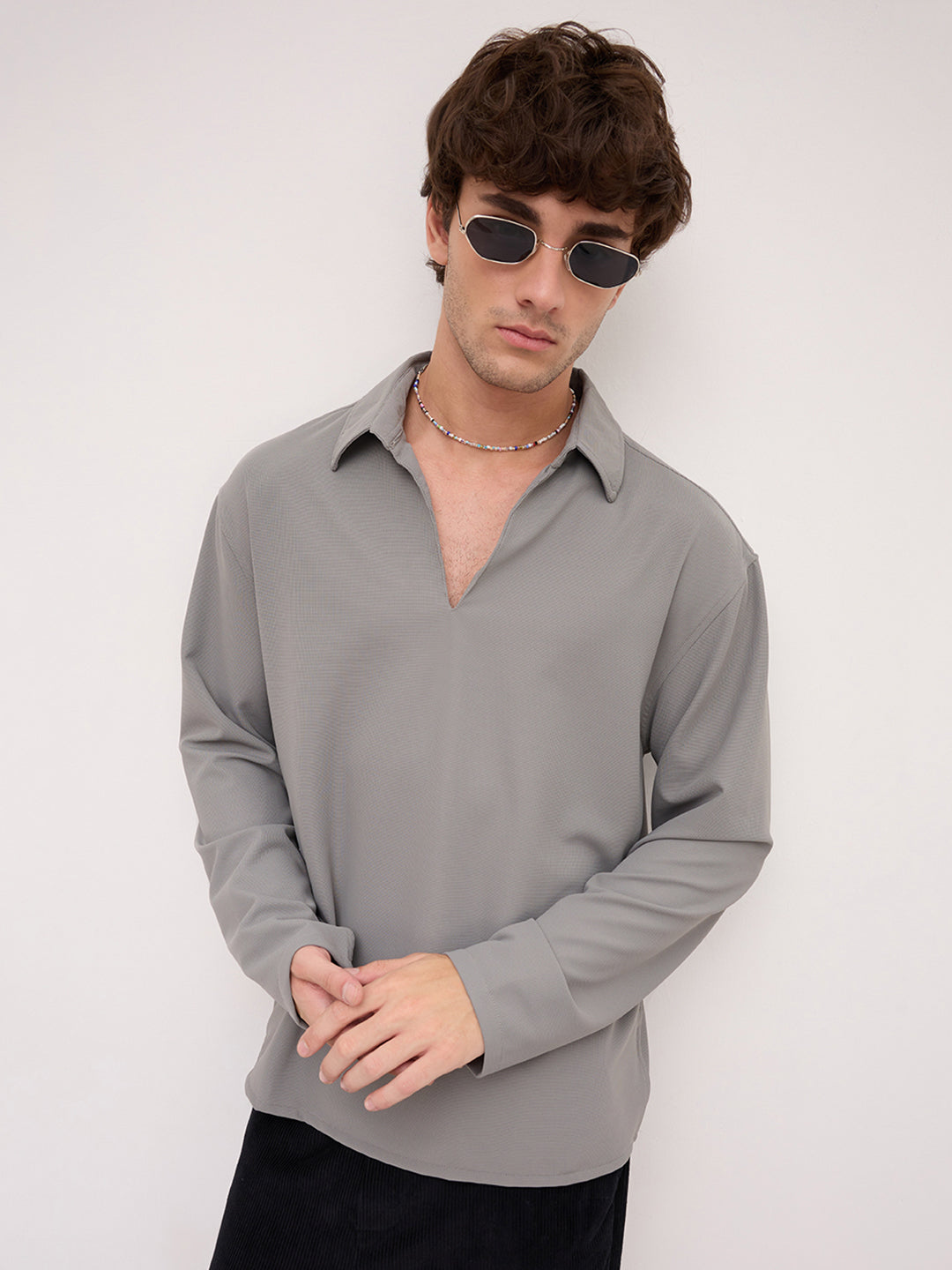 Spanish Grey Oversized Polo Tencel Knit Shirt