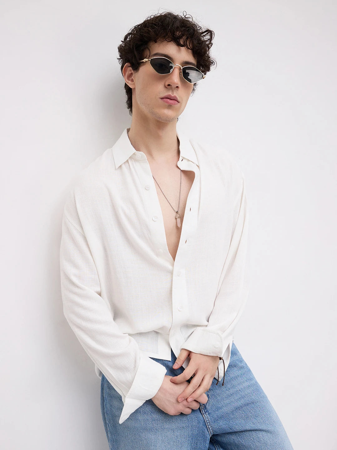Pearl White Grid Textured Boxy Fit Crop Shirt
