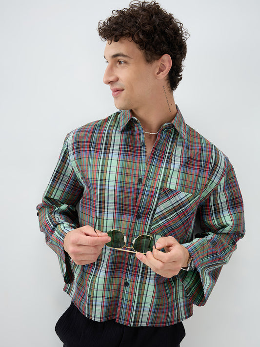 Evergreen Multi Stripe Fusion Checks Cuffless Oversized Crop Shirt