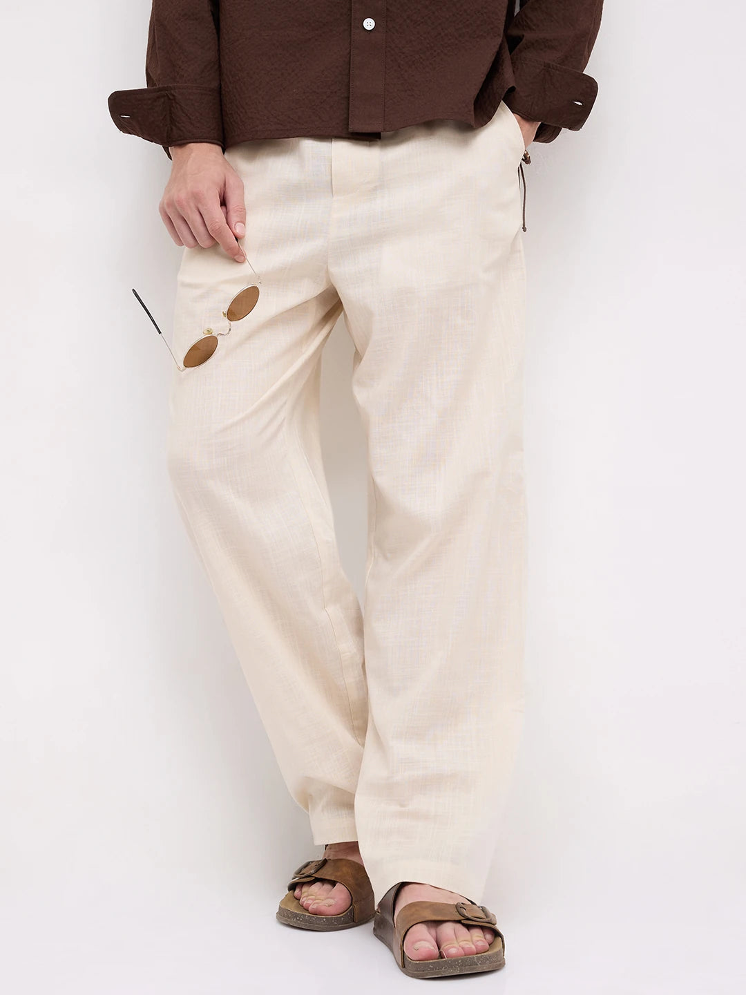 Bisque Beige Sheer Slub Textured Straight Fit Trousers