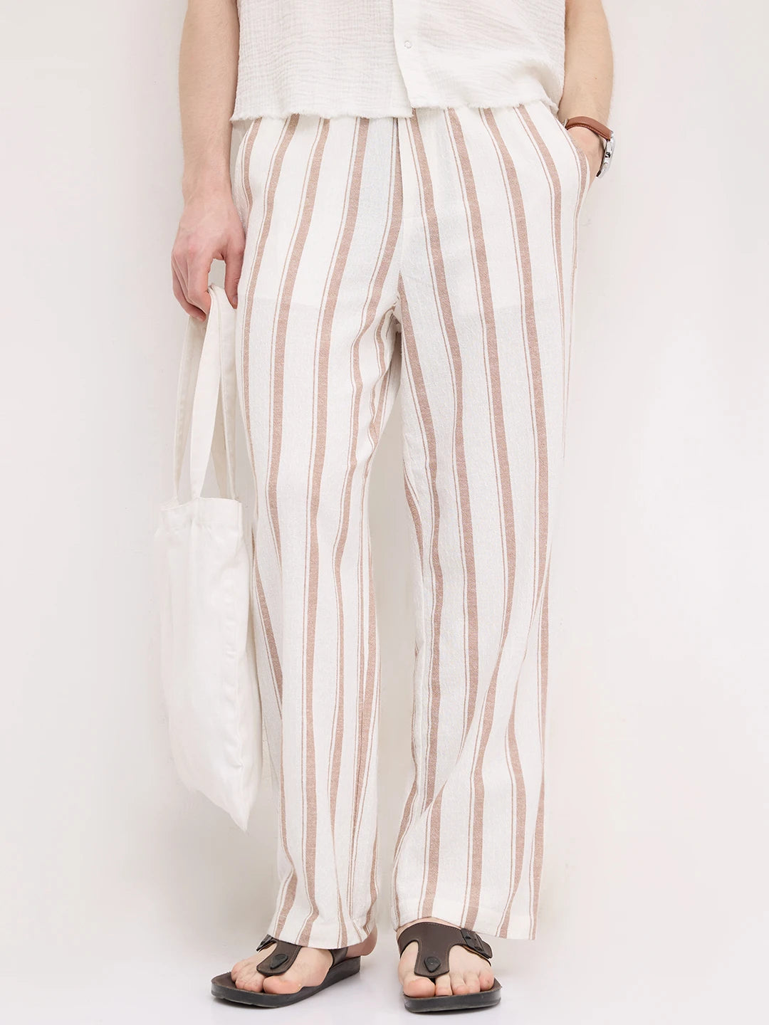 White & Brown Striped Straight Fit Trousers