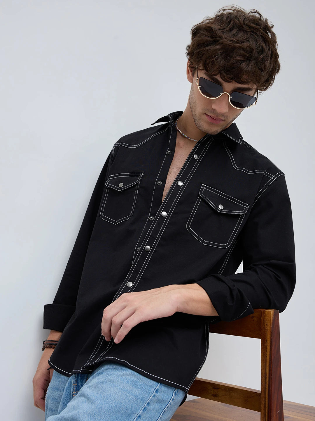 Black Contrast Stitch Twin Pocket Shirt