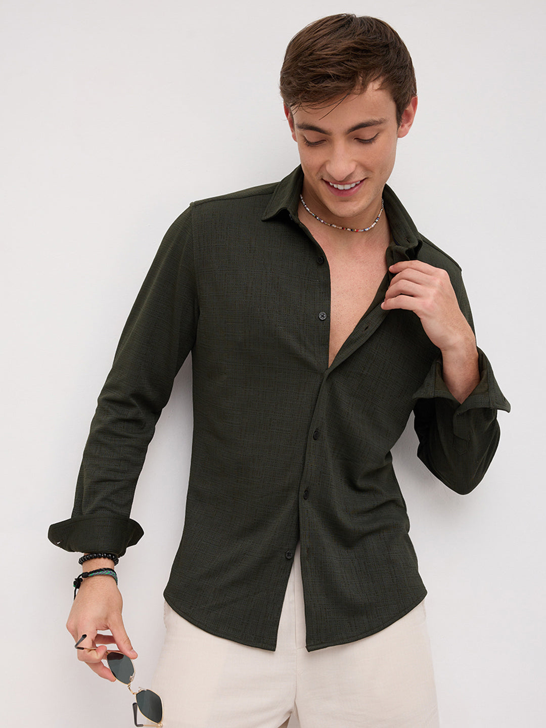 Dense Forest Green Mini Checks Textured Knitted Shirt