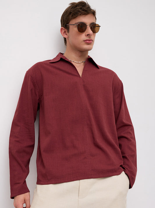Maroon Slub Textured Center Seam Oversized Polo Shirt