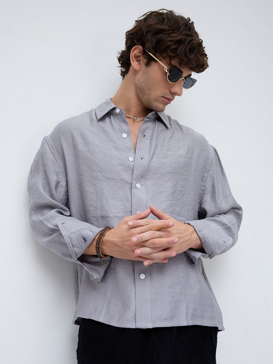Ash Grey Crinkled Boxy Fit Crop Shirt