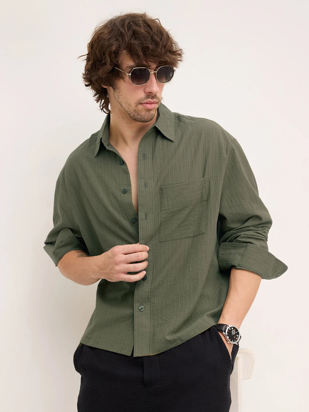 Olive Fine Striped Textured Boxy Fit Crop Shirt