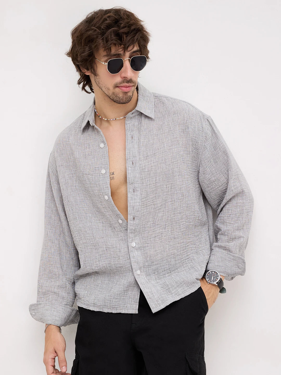 Refined Ash Grey Textured Boxy Fit Crop Shirt